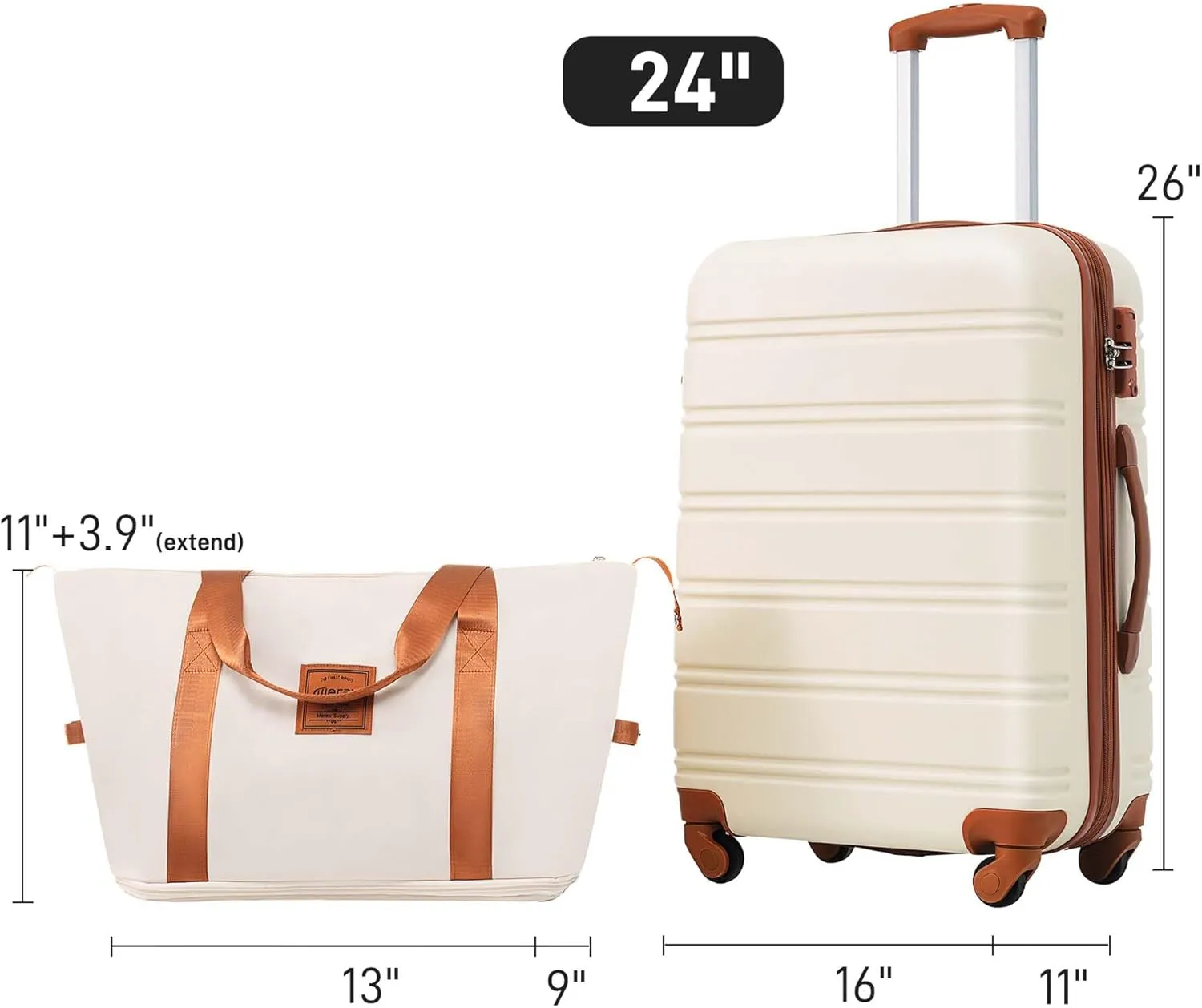 24 inch Luggage with Spinner Wheels, Lightweight Checked Luggage & International Hardshell Luggage Sets 2 Piece With Travel Bag,Travel Luggage & Hard Case Luggage with TSA Lock,ABS (Brown White)