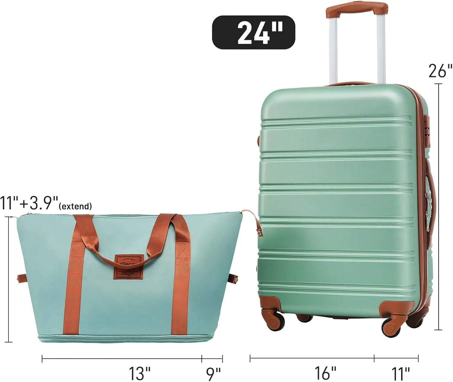 24 inch Luggage with Spinner Wheels, Lightweight Checked Luggage & International Hardshell Luggage Sets 2 Piece With Travel Bag,Travel Luggage & Hard Case Luggage with TSA Lock,ABS (Green)