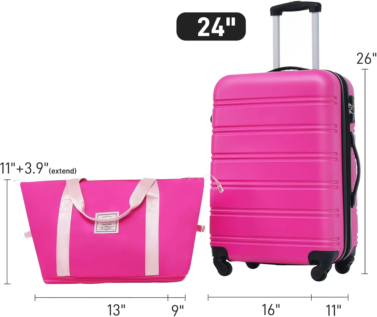 24 inch Luggage with Spinner Wheels, Lightweight Checked Luggage & International Hardshell Luggage Sets 2 Piece With Travel Bag,Travel Luggage & Hard Case Luggage with TSA Lock,ABS (Pink)