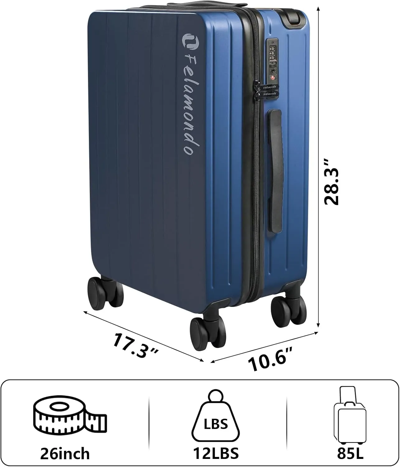 26-Inch Lightweight Checked Luggage  Durable PC Suitcase with TSA Lock, 360 Silent Spinner Wheels, Expandable Wide Handle & Extra Capacity for International Travel Suitcase(Blue)