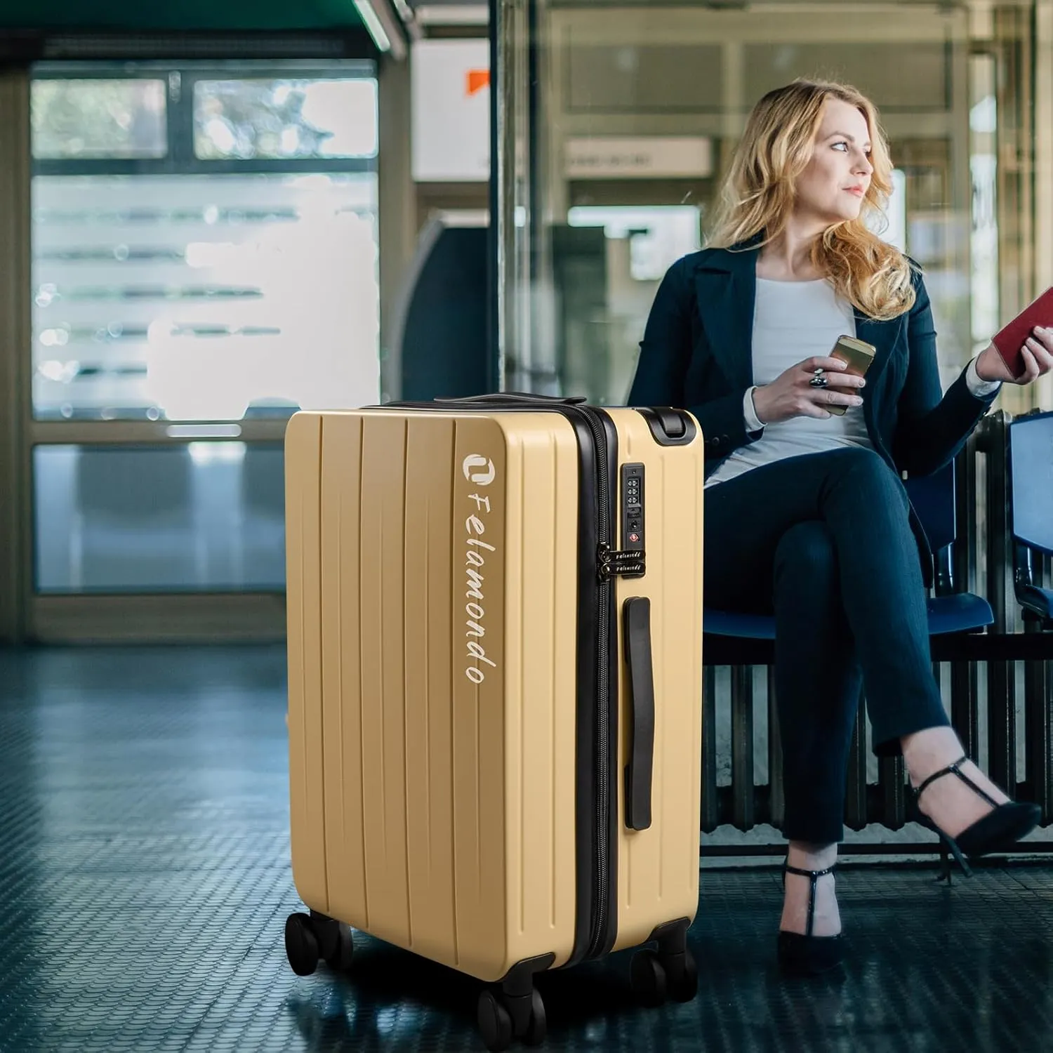 26-Inch Lightweight Checked Luggage  Durable PC Suitcase with TSA Lock, 360 Silent Spinner Wheels, Expandable Wide Handle & Extra Capacity for International Travel Suitcase(Yellow)