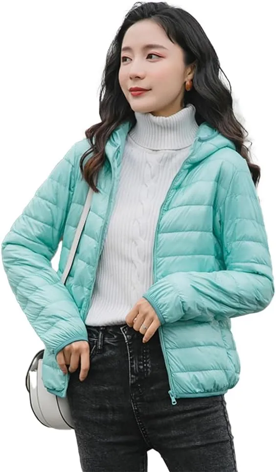 AirPlace Lightweight Down Jackets for Women Packable Hooded Puffer Jacket Winter Coats Long Sleeves Quilted Slim Fit Parka