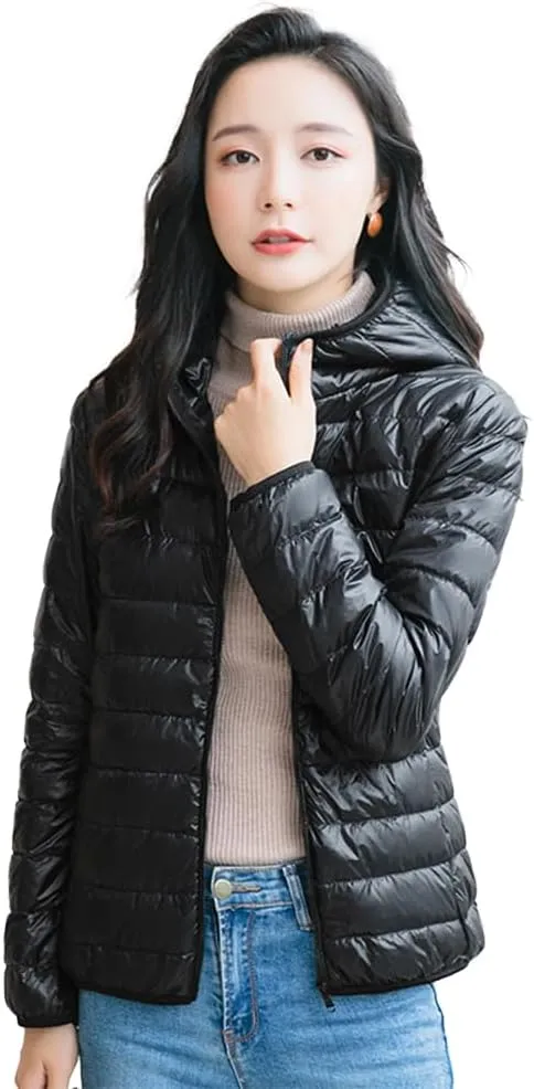 AirPlace Lightweight Down Jackets for Women Packable Hooded Puffer Jacket Winter Coats Long Sleeves Quilted Slim Fit Parka