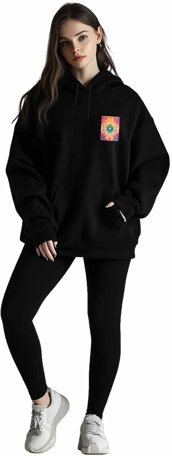 BEMIGO Hooded Sweatshirt Women Colorful Cozy Black/White Sweatshirt with Oversized Front Pocket Tie Dye Printed Trendy Tops