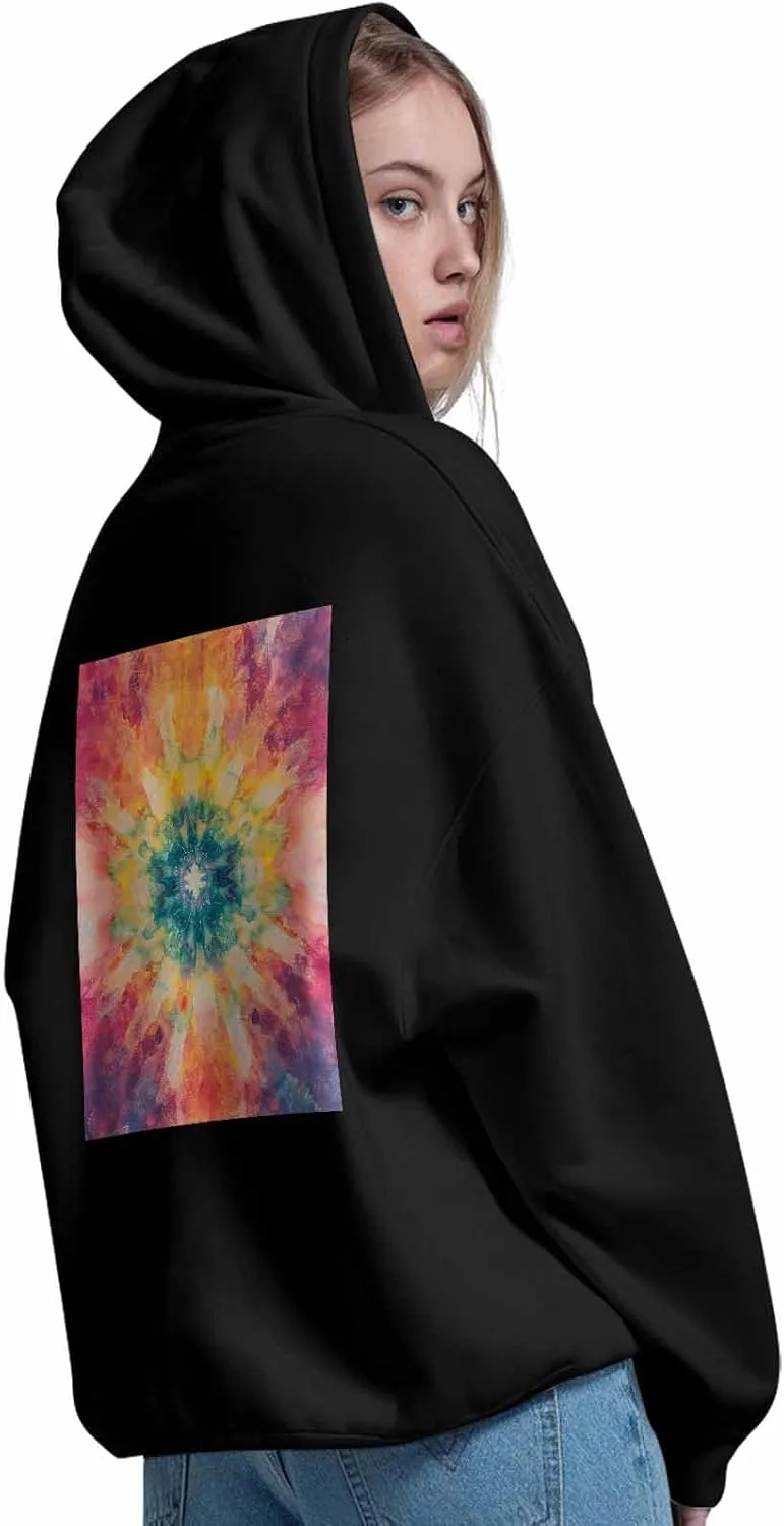 BEMIGO Hooded Sweatshirt Women Colorful Cozy Black/White Sweatshirt with Oversized Front Pocket Tie Dye Printed Trendy Tops