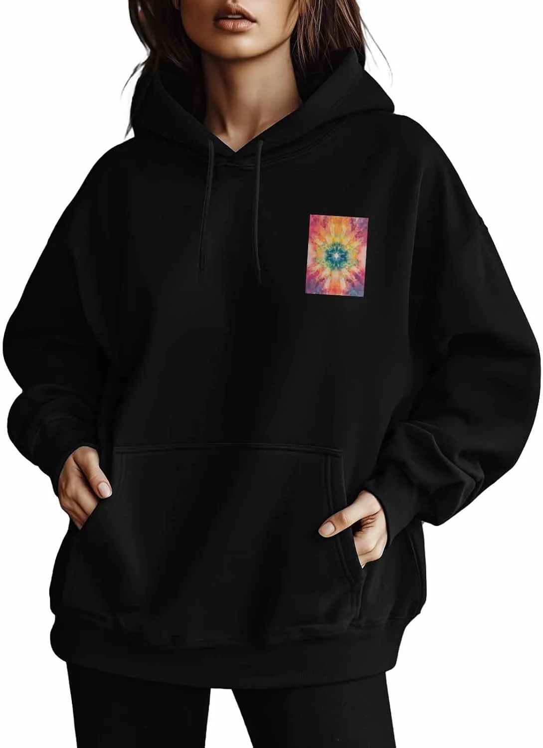 BEMIGO Hooded Sweatshirt Women Colorful Cozy Black/White Sweatshirt with Oversized Front Pocket Tie Dye Printed Trendy Tops