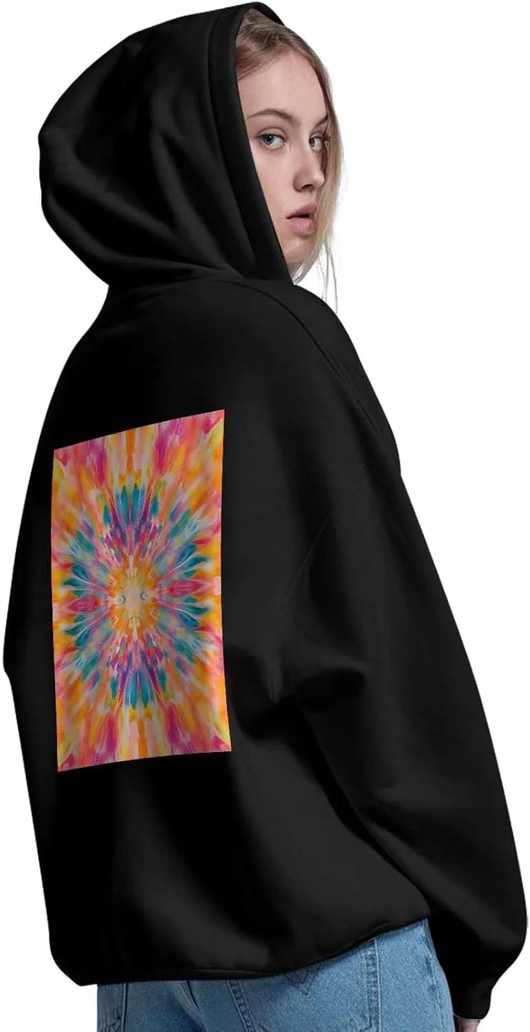 BEMIGO Hooded Sweatshirt Women Flower Cozy Black/White Sweatshirt with Oversized Front Pocket Tie Dye Printed Trendy Tops