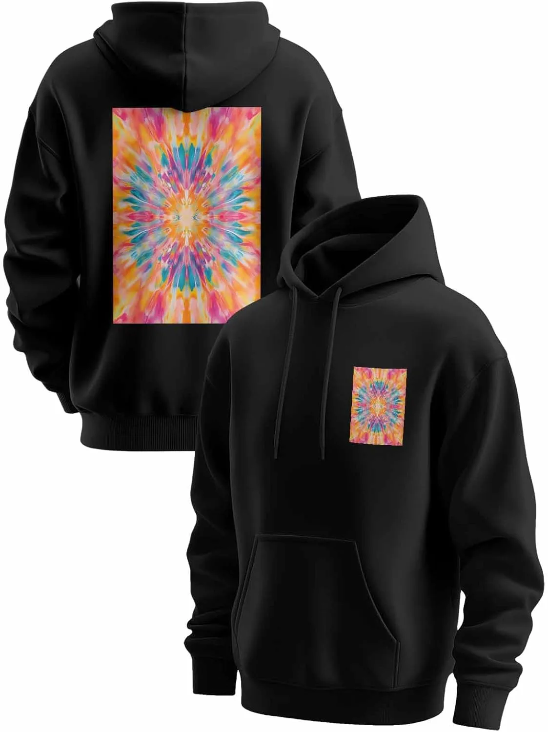 BEMIGO Hooded Sweatshirt Women Flower Cozy Black/White Sweatshirt with Oversized Front Pocket Tie Dye Printed Trendy Tops
