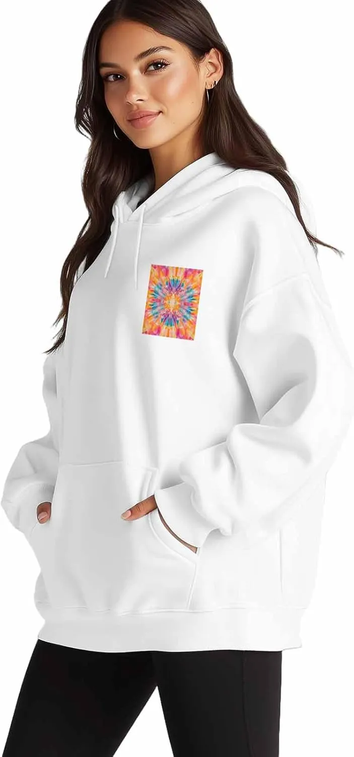 BEMIGO Hooded Sweatshirt Women Flower Cozy Black/White Sweatshirt with Oversized Front Pocket Tie Dye Printed Trendy Tops