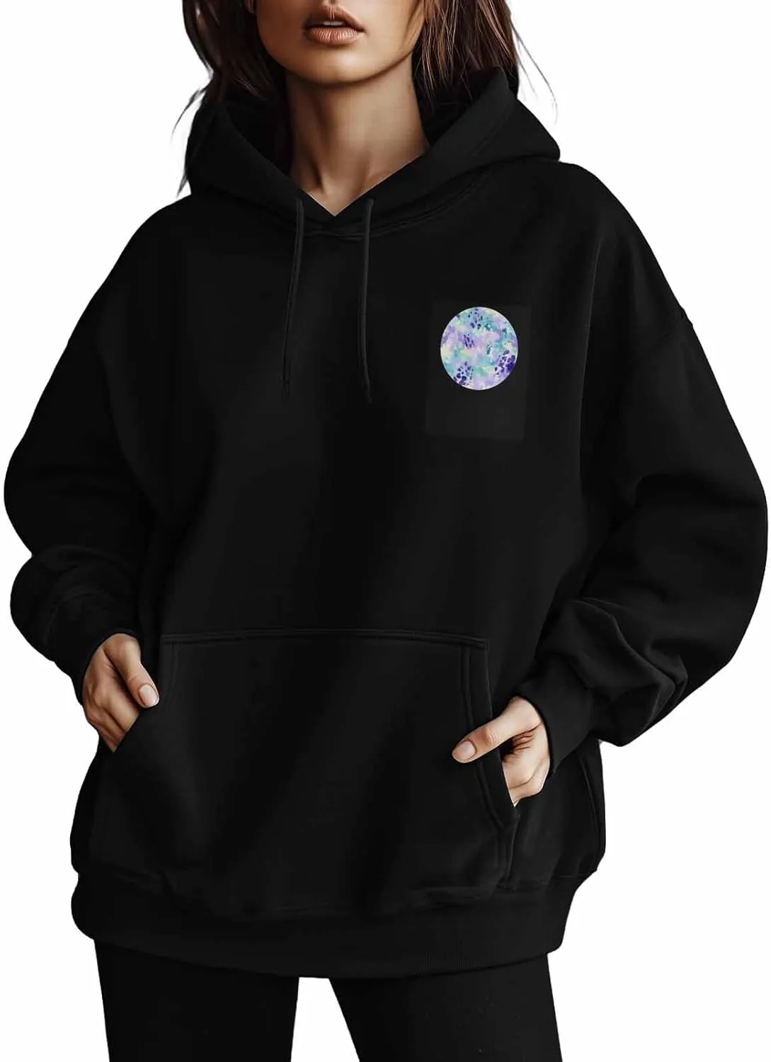 BEMIGO Hooded Sweatshirt Women Tie Dye Cozy Black/White Sweatshirt with Oversized Front Pocket Colorful Printed Trendy Tops