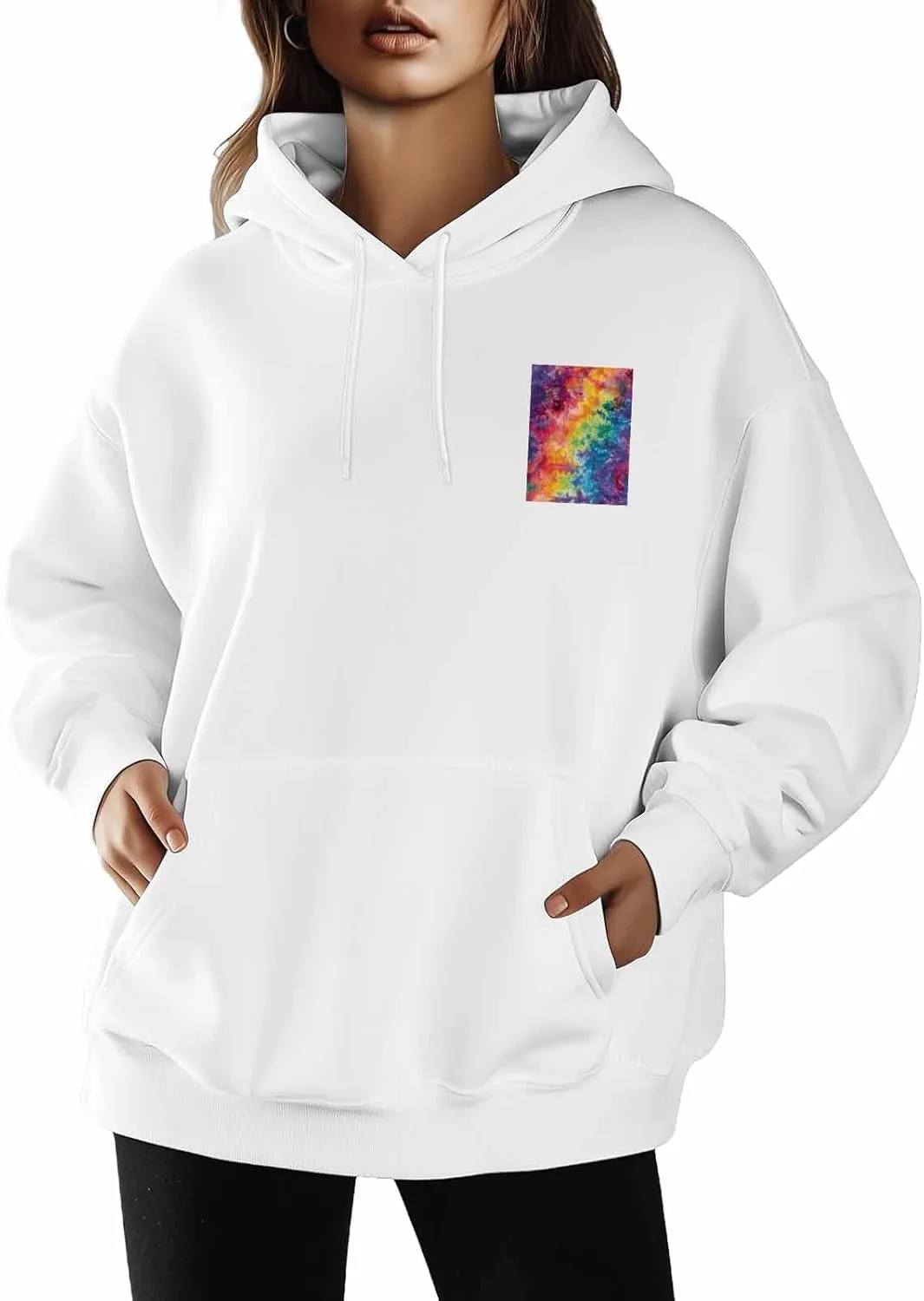 BEMIGO Hooded Sweatshirt Women Tie Dye Cozy Black/White Sweatshirt with Oversized Front Pocket Colors Printed Trendy Tops