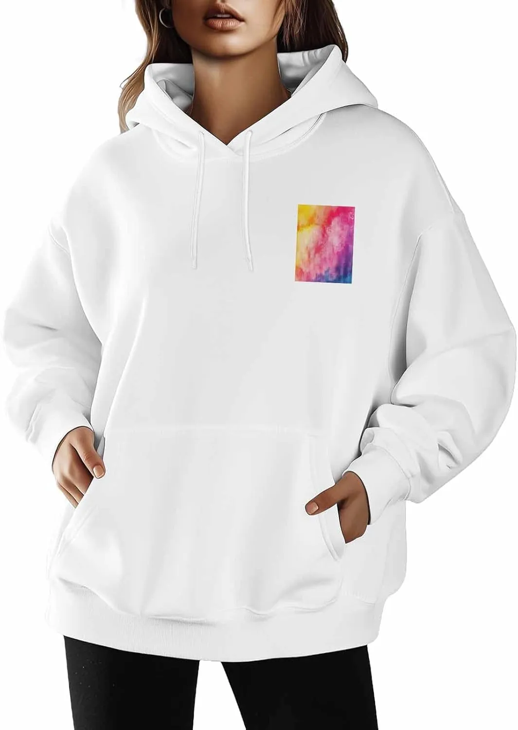 BEMIGO Hooded Sweatshirt Women Tie Dye Cozy Black/White Sweatshirt with Oversized Front Pocket Watercolor Printed Trendy Tops