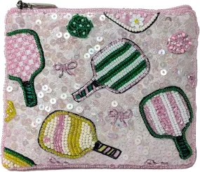 BTC Dazzling Pickleball Chic Beaded & Sequined Zip Card Case Essential Pouch Coin Purse Pink Multi
