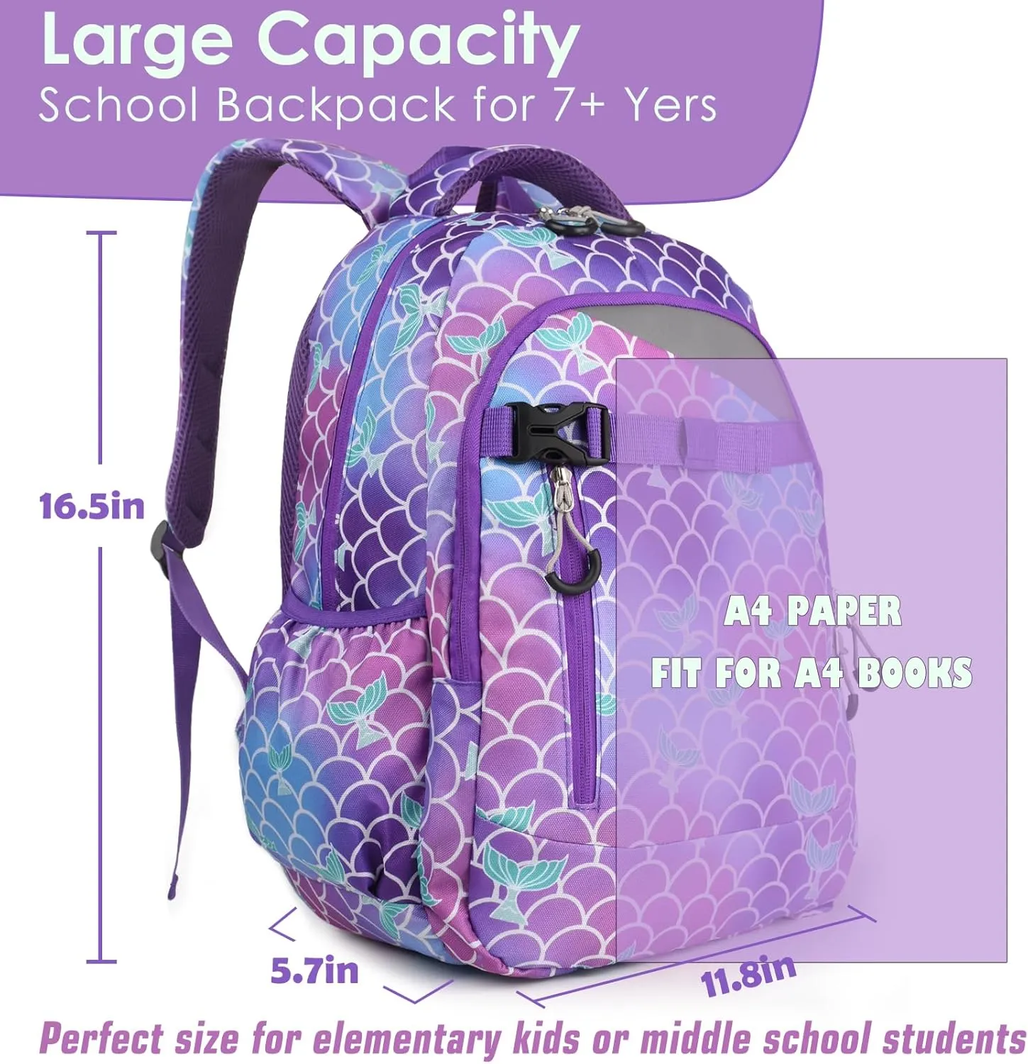 Genteen Kids' Backpack for Girls - Lightweight School Bag with Laptop Compartment - Mermaid Tail Design