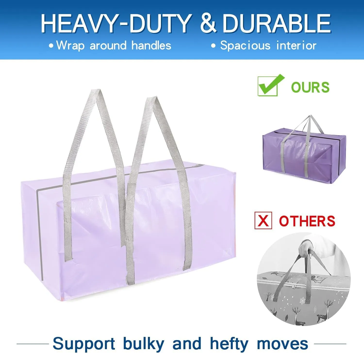 Heavy Duty Extra Large Moving Bags with Extra Long Handles -Includes Backpack Straps - Easy Storage For Space Saving (Purple)