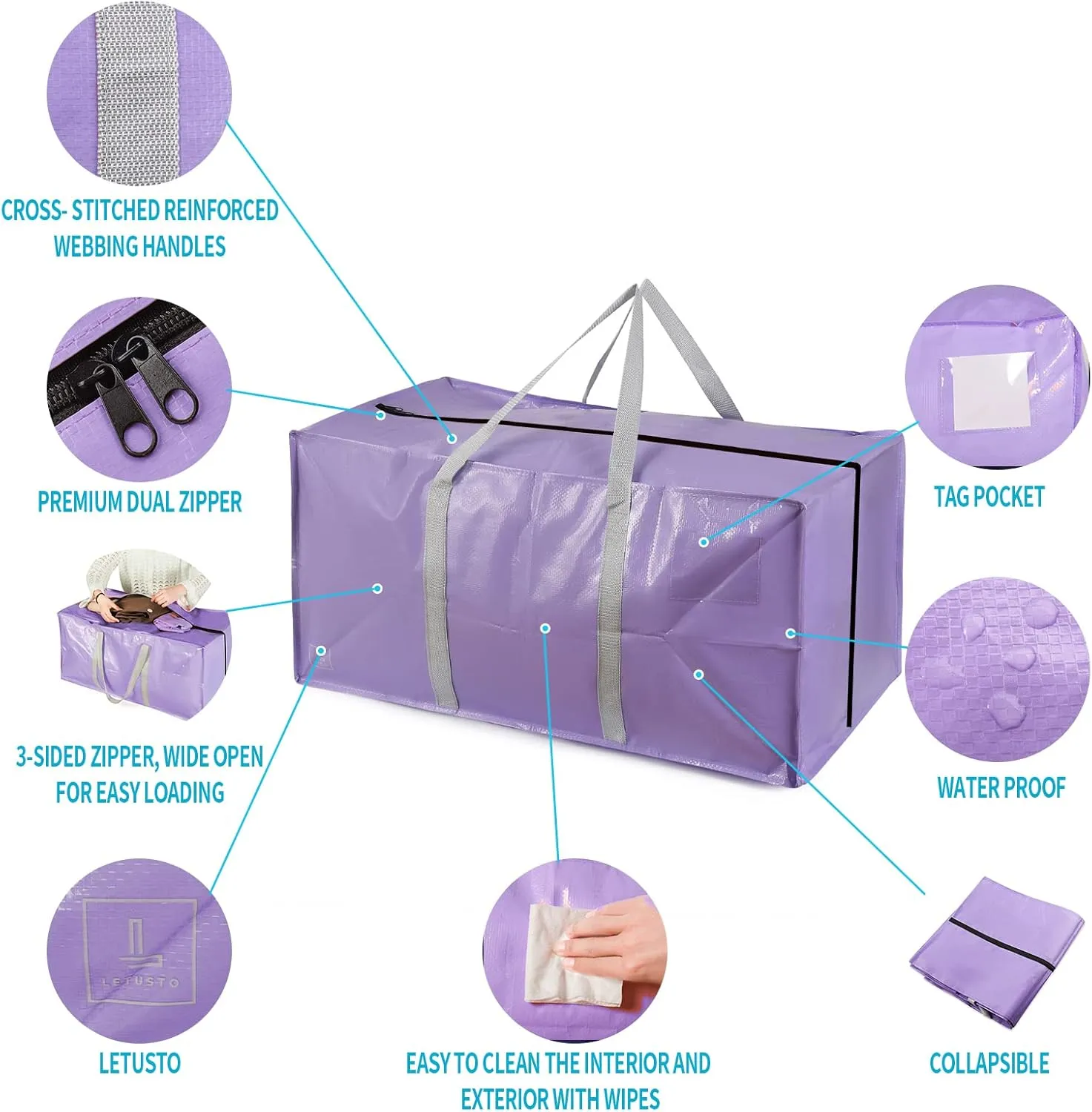 Heavy Duty Extra Large Moving Bags with Extra Long Handles -Includes Backpack Straps - Easy Storage For Space Saving (Purple)