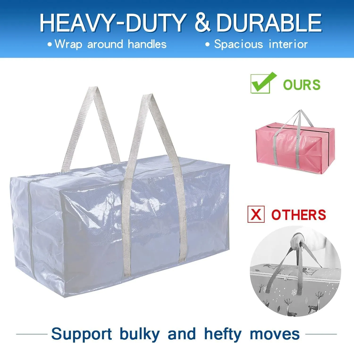 Heavy Duty Extra Large Moving Bags with Extra Long Handles -Includes Backpack Straps - Easy Storage For Space Saving (Set of 8) (Navy)