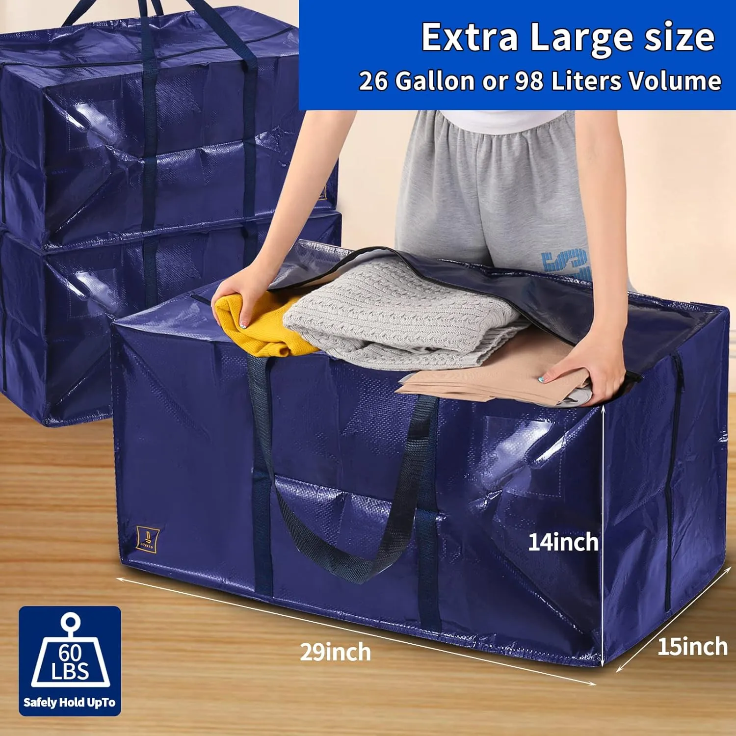 Heavy Duty Extra Large Moving Bags with Extra Long Handles -Includes Backpack Straps - Easy Storage For Space Saving (Set of 8) (Navy)