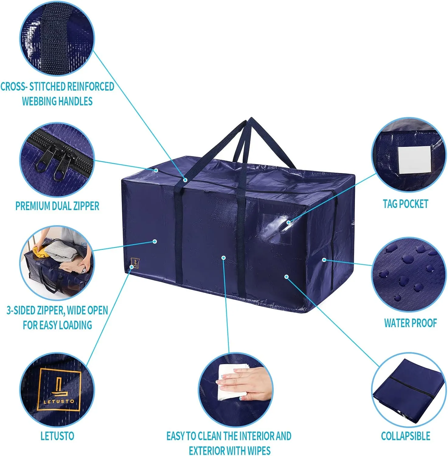 Heavy Duty Extra Large Moving Bags with Extra Long Handles -Includes Backpack Straps - Easy Storage For Space Saving (Set of 8) (Navy)