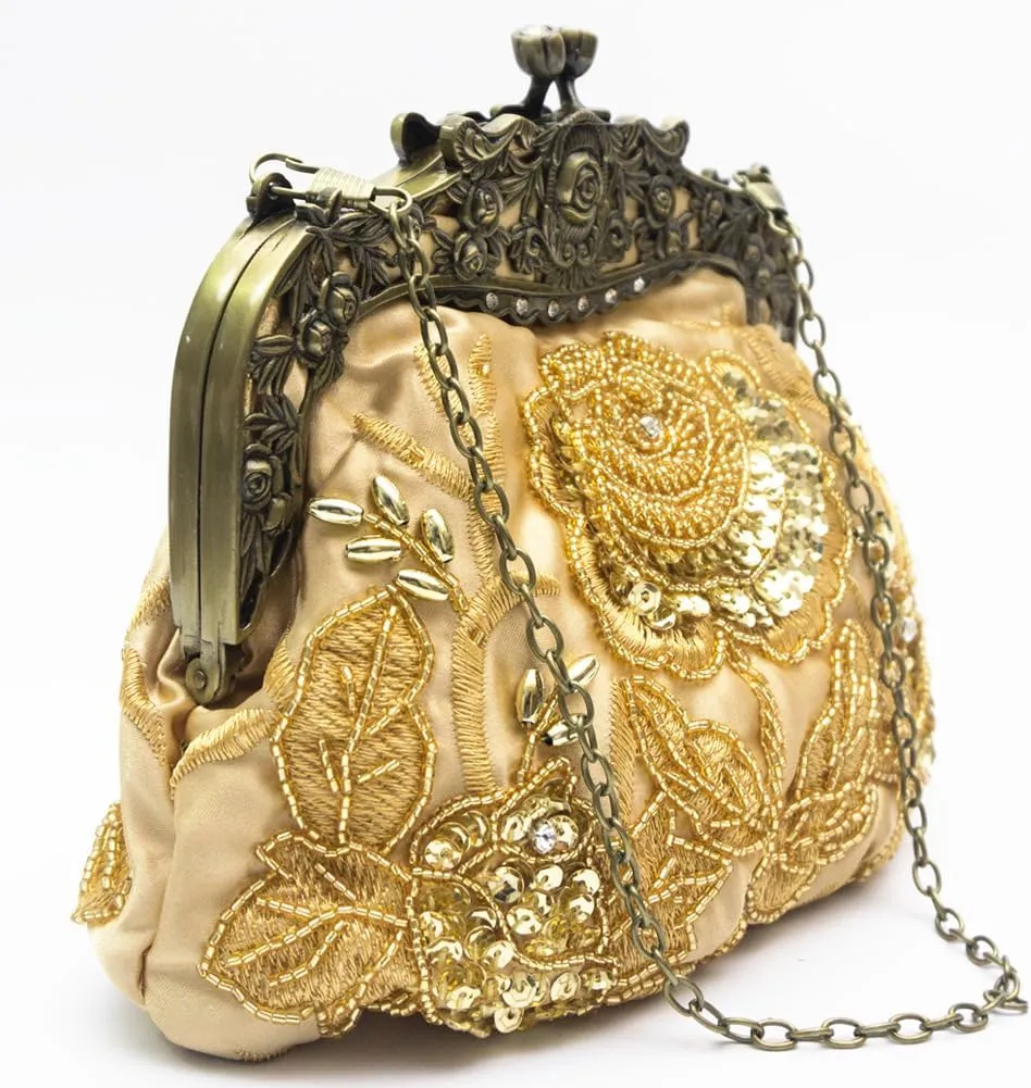 HeiDmai Women's Vintage Beaded Sequin Flower Evening Handbags Wedding Clutches Prom Cocktail Party Handbags