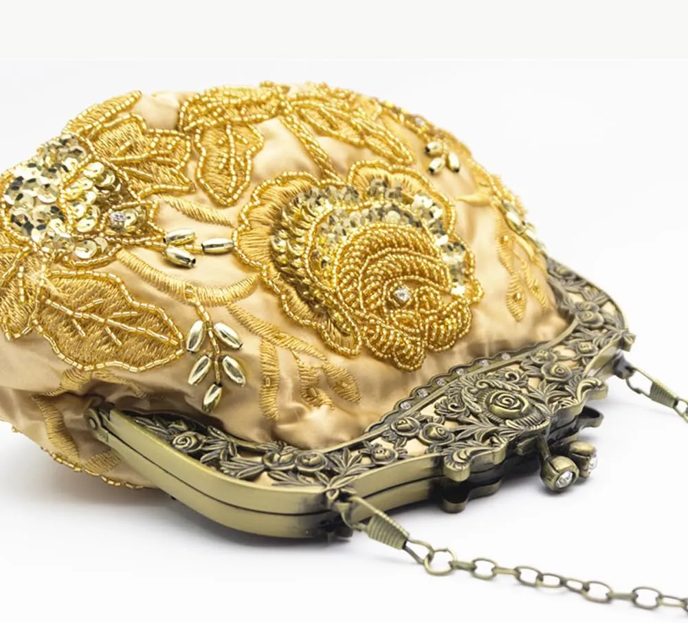 HeiDmai Women's Vintage Beaded Sequin Flower Evening Handbags Wedding Clutches Prom Cocktail Party Handbags
