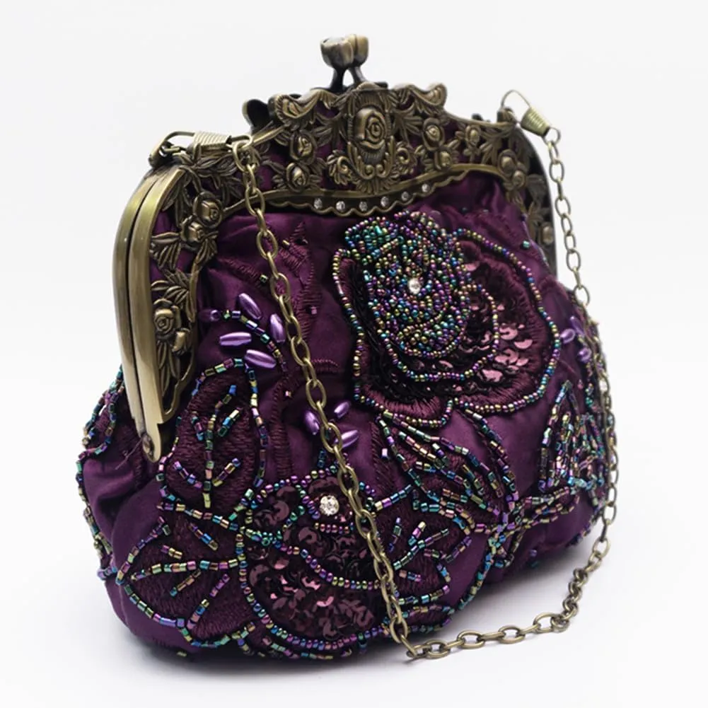 HeiDmai Women's Vintage Beaded Sequin Flower Evening Handbags Wedding Clutches Prom Cocktail Party Handbags