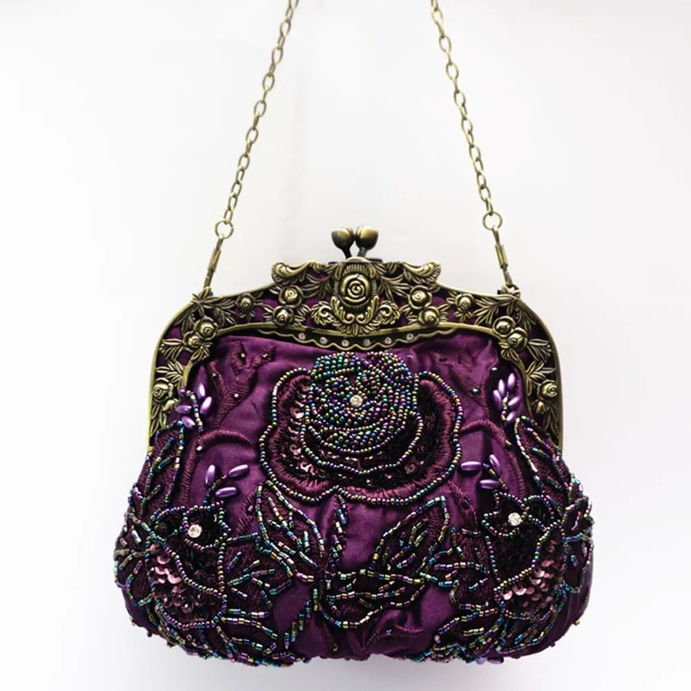 HeiDmai Women's Vintage Beaded Sequin Flower Evening Handbags Wedding Clutches Prom Cocktail Party Handbags