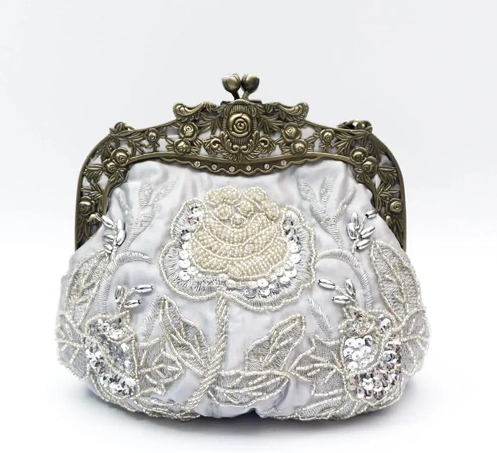 HeiDmai Women's Vintage Beaded Sequin Flower Evening Handbags Wedding Clutches Prom Cocktail Party Handbags