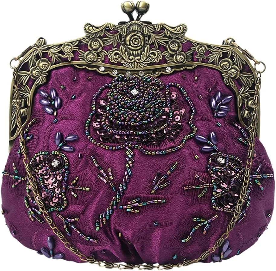 HeiDmai Women's Vintage Beaded Sequin Flower Evening Handbags Wedding Clutches Prom Cocktail Party Handbags