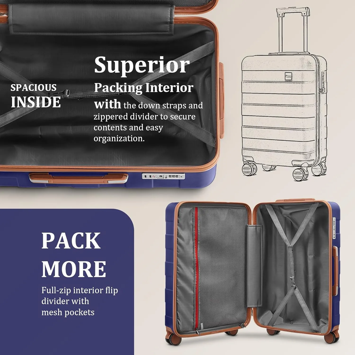 imiomo Hard Shell 20 Inch Carry on Luggage 3 Piece Set with Travel Backpack, Lightweight Hardside Carry-On Suitcase with Spinner Wheels and TSA Lock, Navy