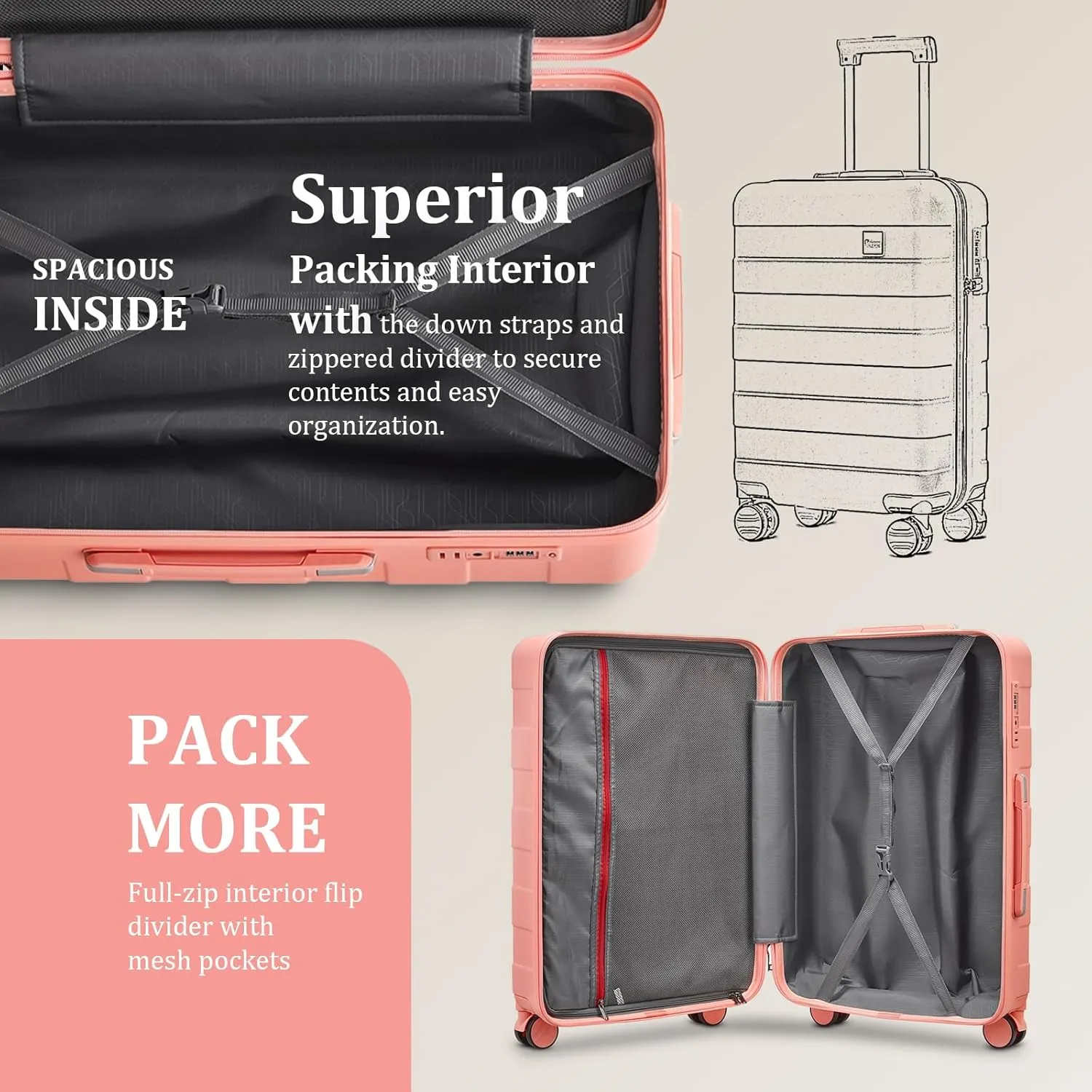imiomo Hard Shell 20 Inch Carry on Luggage 3 Piece Set with Travel Backpack, Lightweight Hardside Carry-On Suitcase with Spinner Wheels and TSA Lock, Pink
