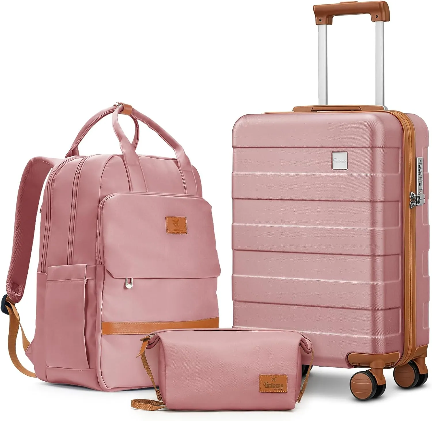 imiomo Hard Shell 20 Inch Carry on Luggage 3 Piece Set with Travel Backpack, Lightweight Hardside Carry-On Suitcase with Spinner Wheels and TSA Lock, Rose Gold
