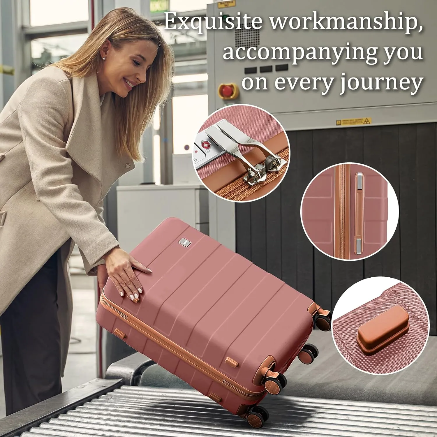 imiomo Hard Shell 20 Inch Carry on Luggage 3 Piece Set with Travel Backpack, Lightweight Hardside Carry-On Suitcase with Spinner Wheels and TSA Lock, Rose Gold