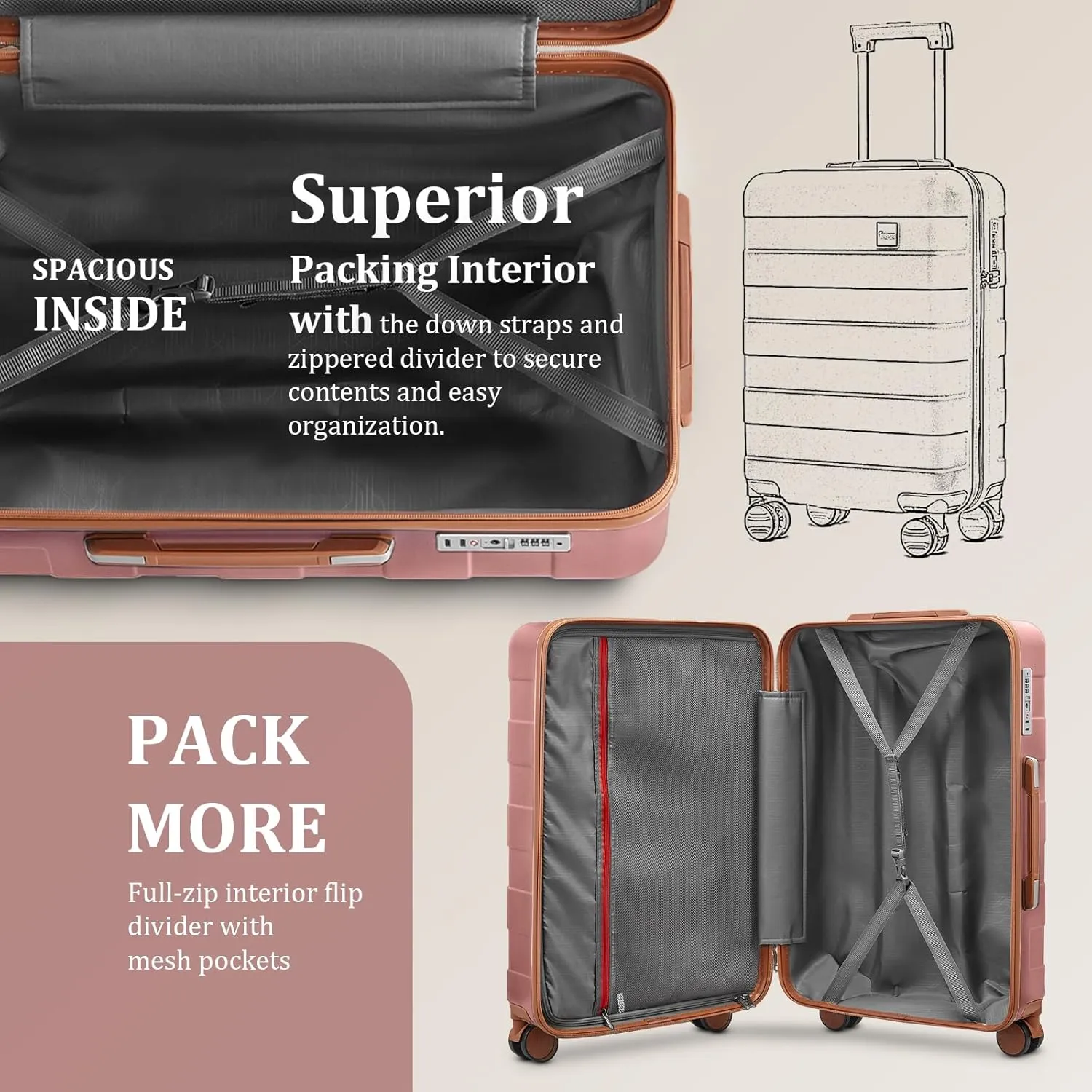 imiomo Hard Shell 20 Inch Carry on Luggage 3 Piece Set with Travel Backpack, Lightweight Hardside Carry-On Suitcase with Spinner Wheels and TSA Lock, Rose Gold