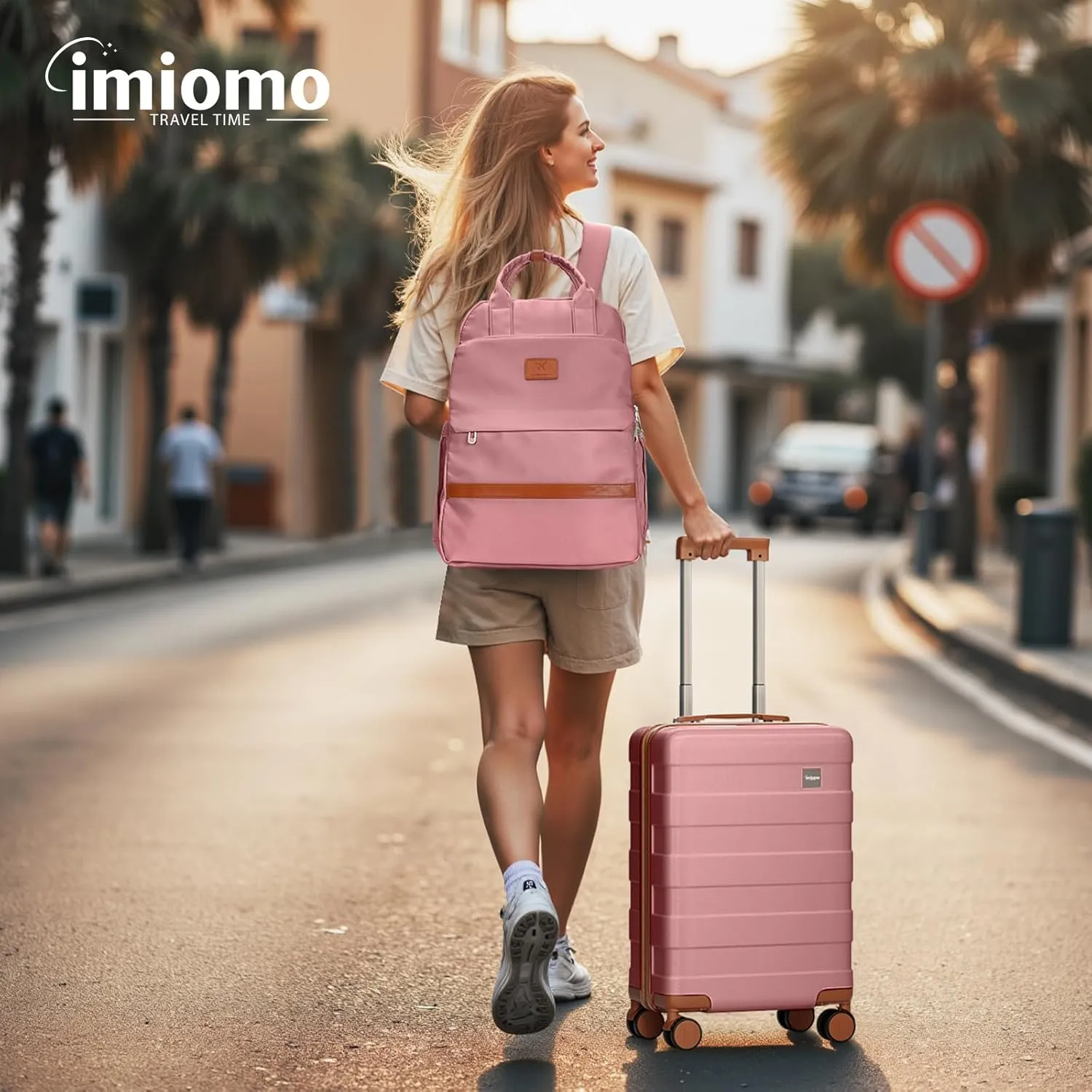 imiomo Hard Shell 20 Inch Carry on Luggage 3 Piece Set with Travel Backpack, Lightweight Hardside Carry-On Suitcase with Spinner Wheels and TSA Lock, Rose Gold