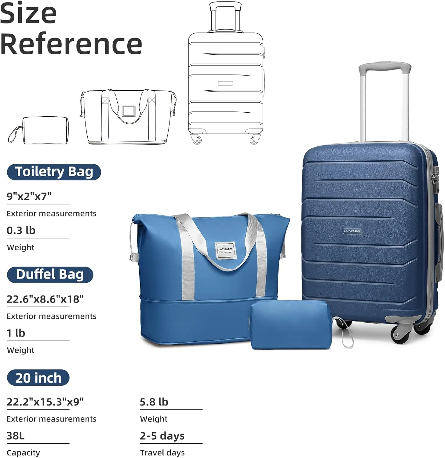 LARVENDER 3-Piece Carry On Luggage for Women,Hard Shell Suitcase 20Inch Carry On Luggage 22x14x9 Airline Approved, Spinner Wheel and TSA LockNavy 20Inch/DB/TB