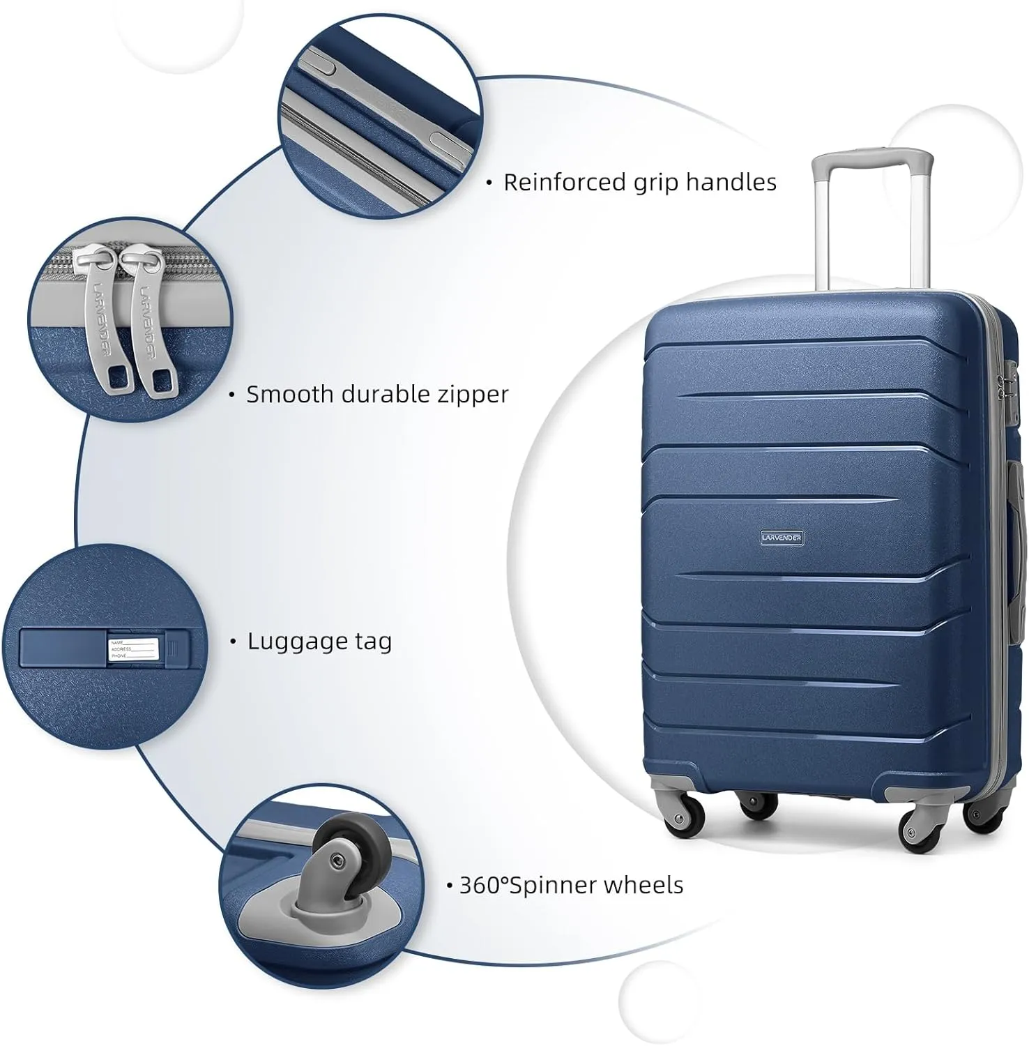 LARVENDER 3-Piece Carry On Luggage for Women,Hard Shell Suitcase 20Inch Carry On Luggage 22x14x9 Airline Approved, Spinner Wheel and TSA LockNavy 20Inch/DB/TB
