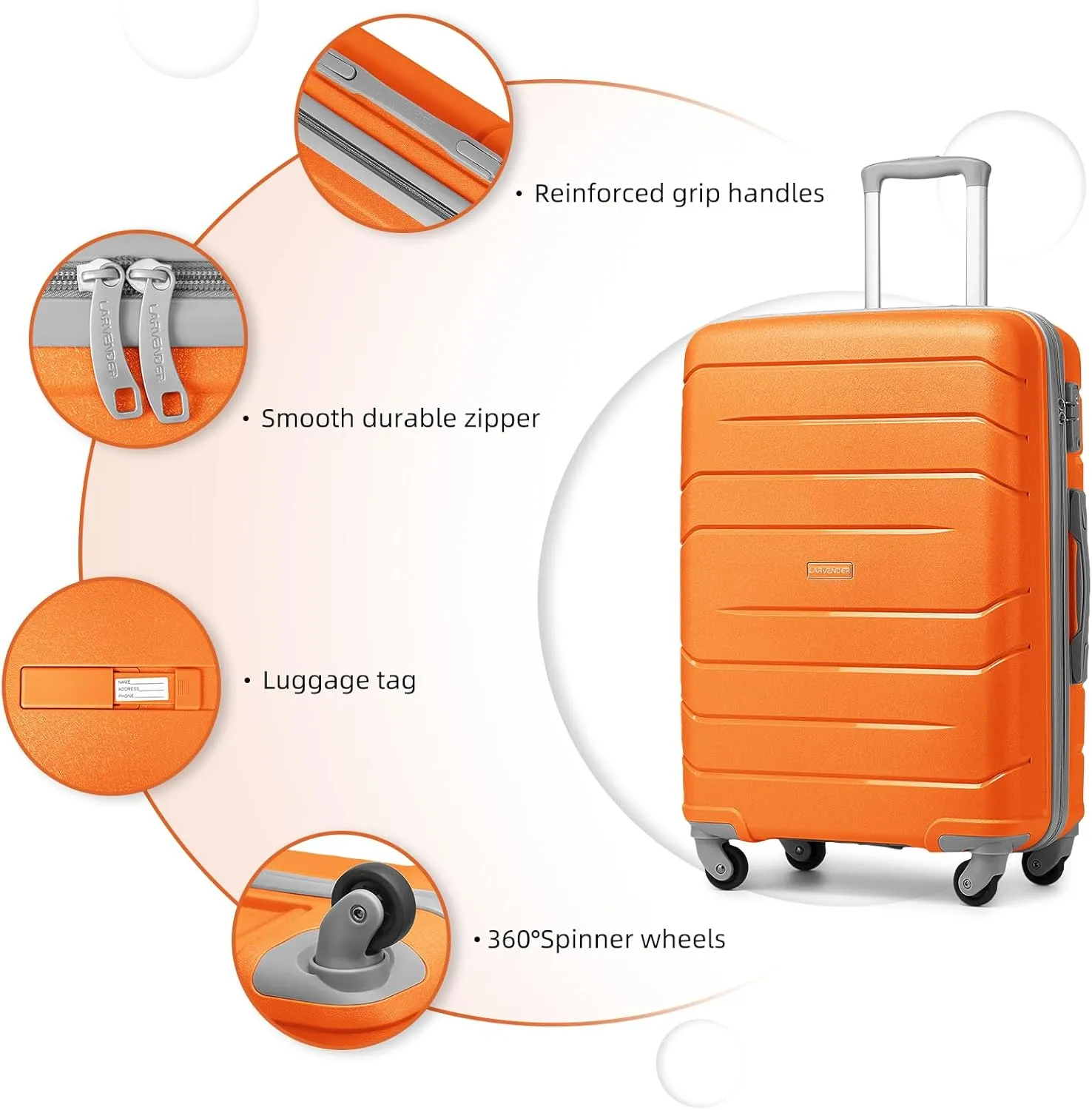 LARVENDER 3-Piece Carry On Luggage for Women,Hard Shell Suitcase 20Inch Carry On Luggage 22x14x9 Airline Approved, Spinner Wheel and TSA LockTangelo 20Inch/DB/TB