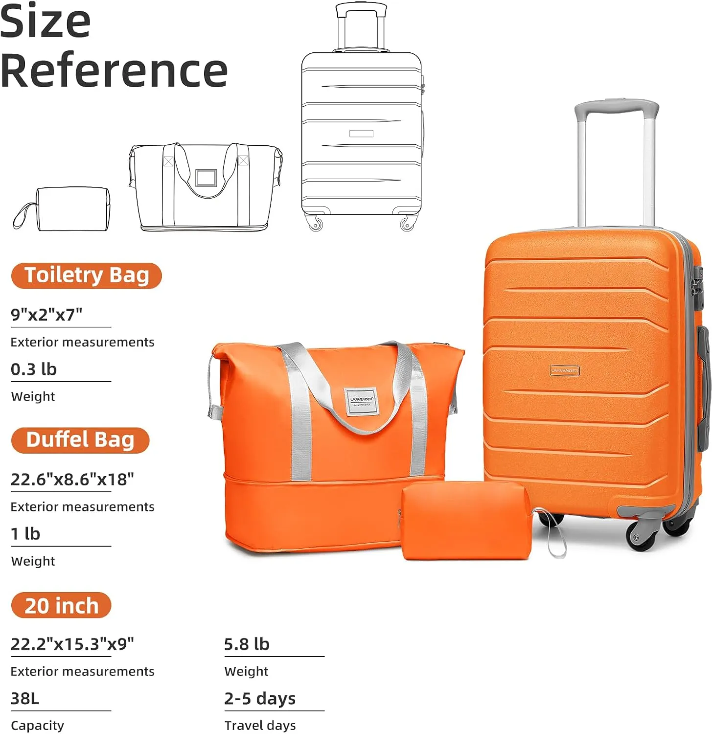 LARVENDER 3-Piece Carry On Luggage for Women,Hard Shell Suitcase 20Inch Carry On Luggage 22x14x9 Airline Approved, Spinner Wheel and TSA LockTangelo 20Inch/DB/TB