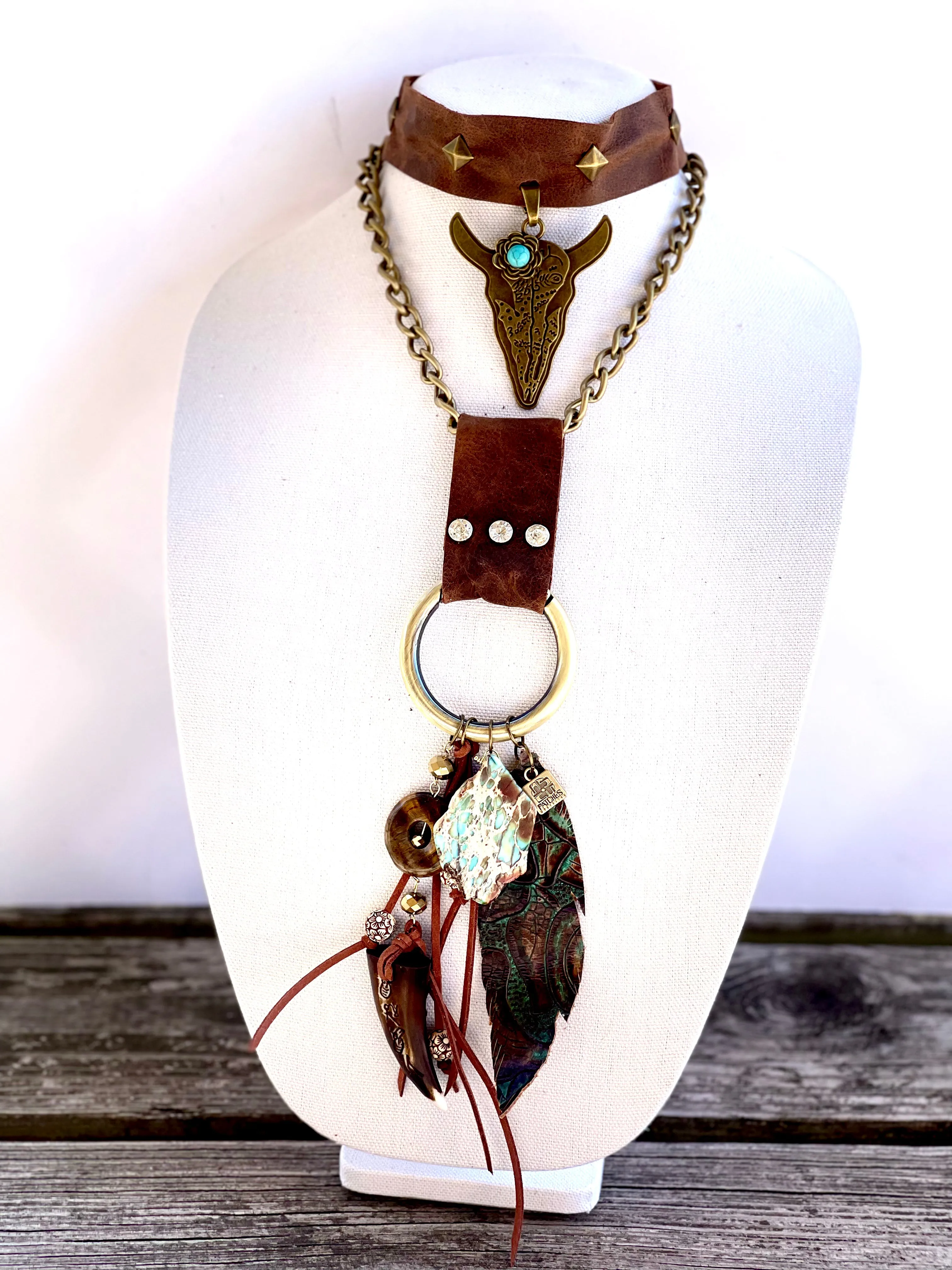 Limited Edition Leather chunky necklace with turquoise, feather and other statement pieces