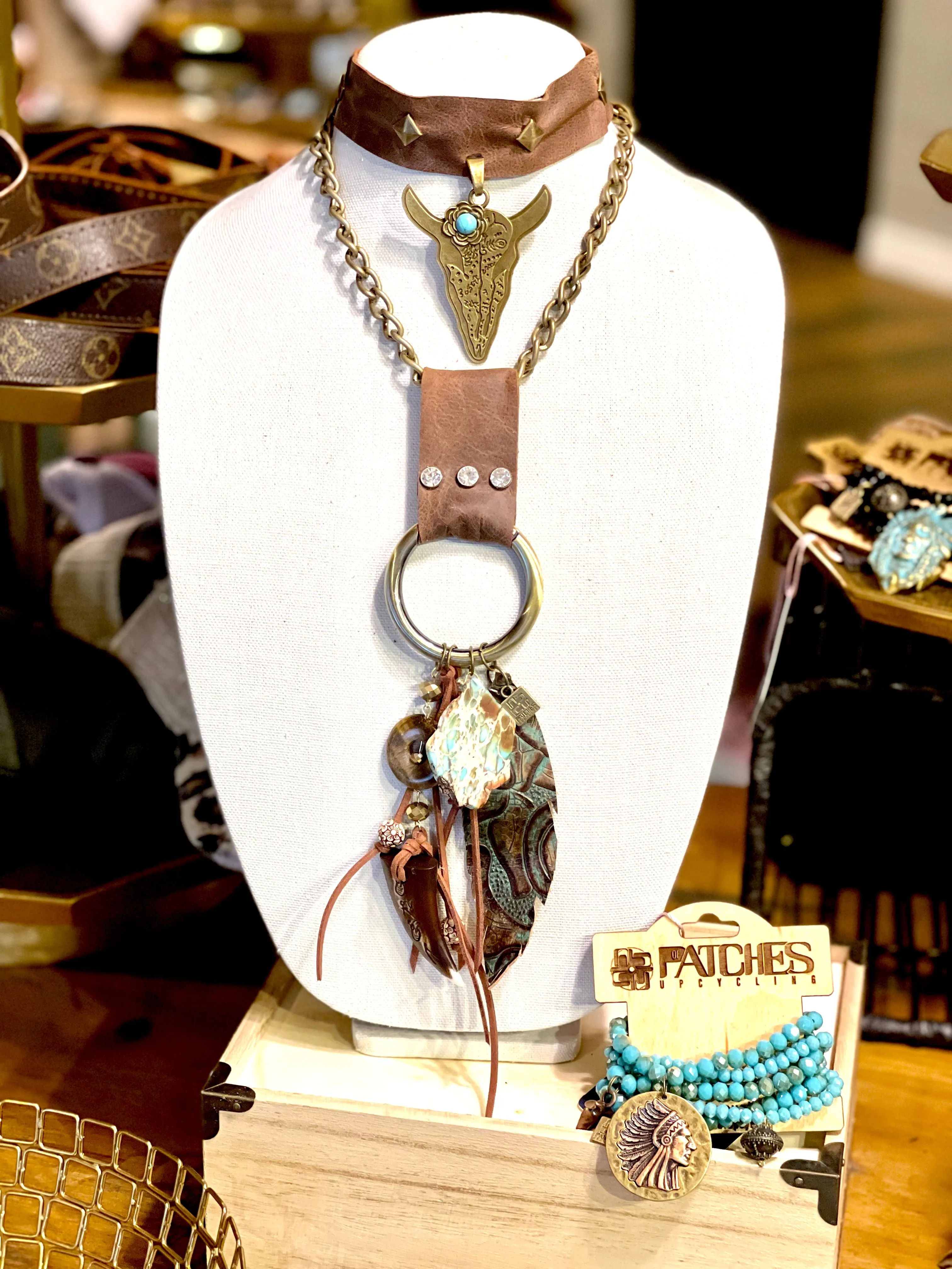 Limited Edition Leather chunky necklace with turquoise, feather and other statement pieces
