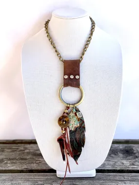 Limited Edition Leather chunky necklace with turquoise, feather and other statement pieces
