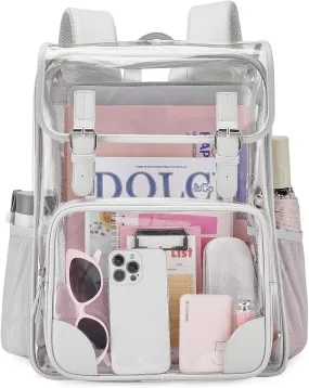 mommore Clear Backpack Heavy Duty Large Clear Backpacks for School Transparent PVC See Through Bag with Leather Trim