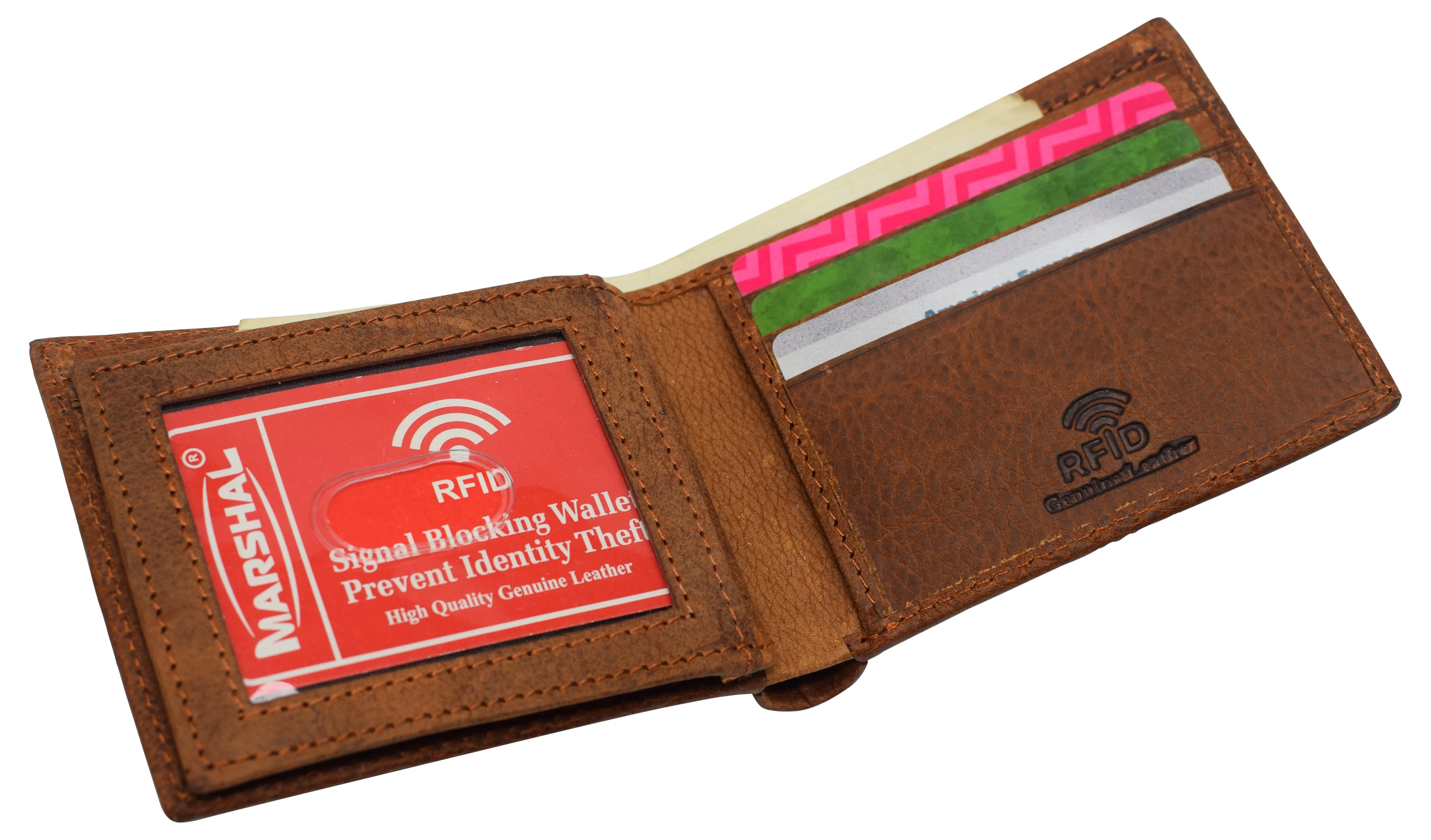 Rfid blocking real leather slim bifold wallet center id flap window engraved logos front pocket wallet for men
