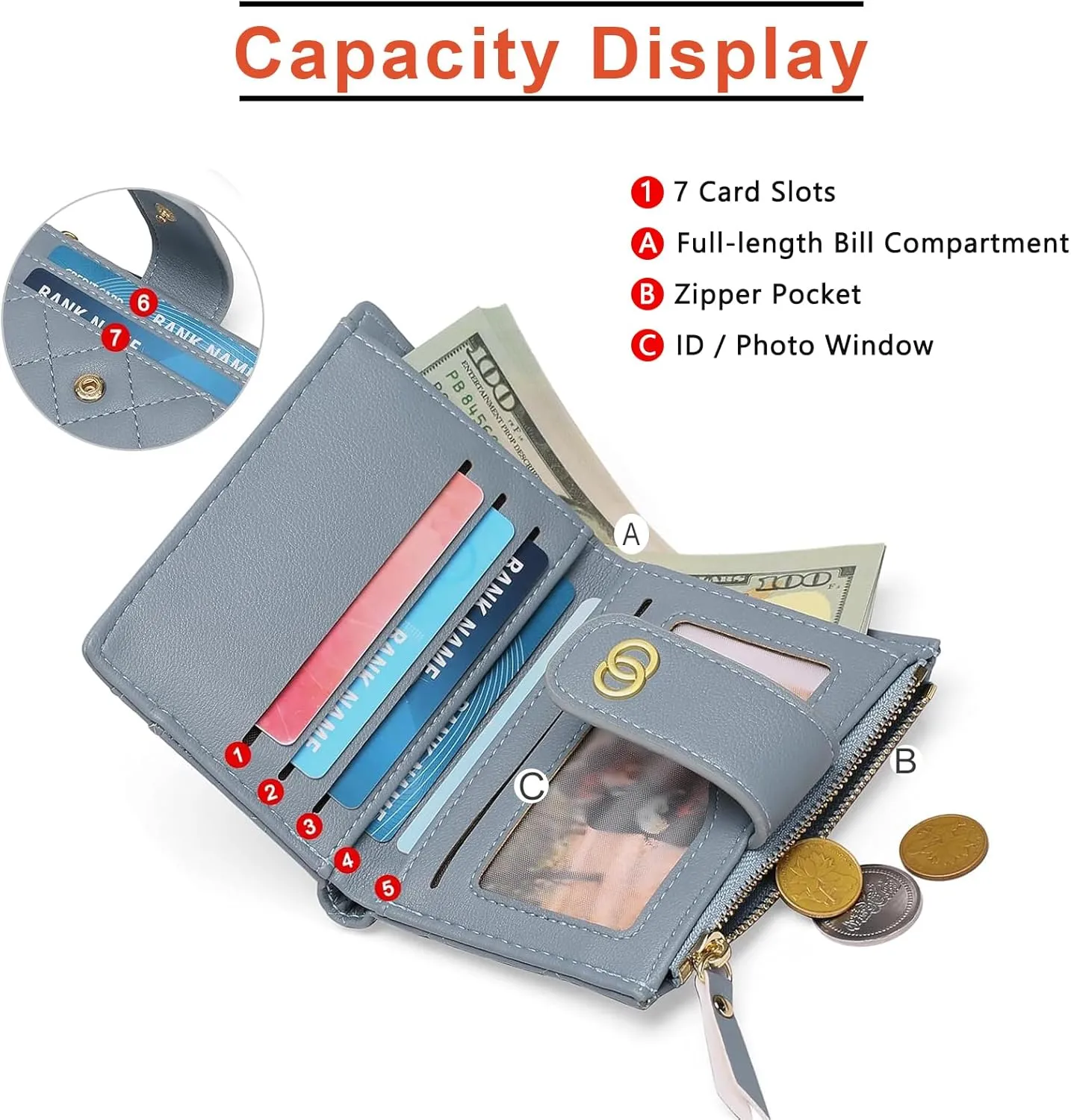 Small Wallet for Women Leather Card Holder Bifold Compact Wallets Purse With Zipper Coin Pocket