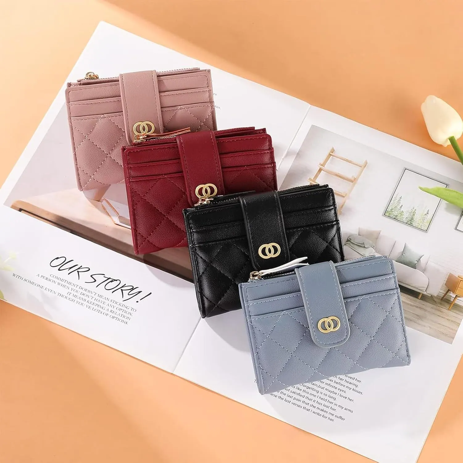Small Wallet for Women Leather Card Holder Bifold Compact Wallets Purse With Zipper Coin Pocket