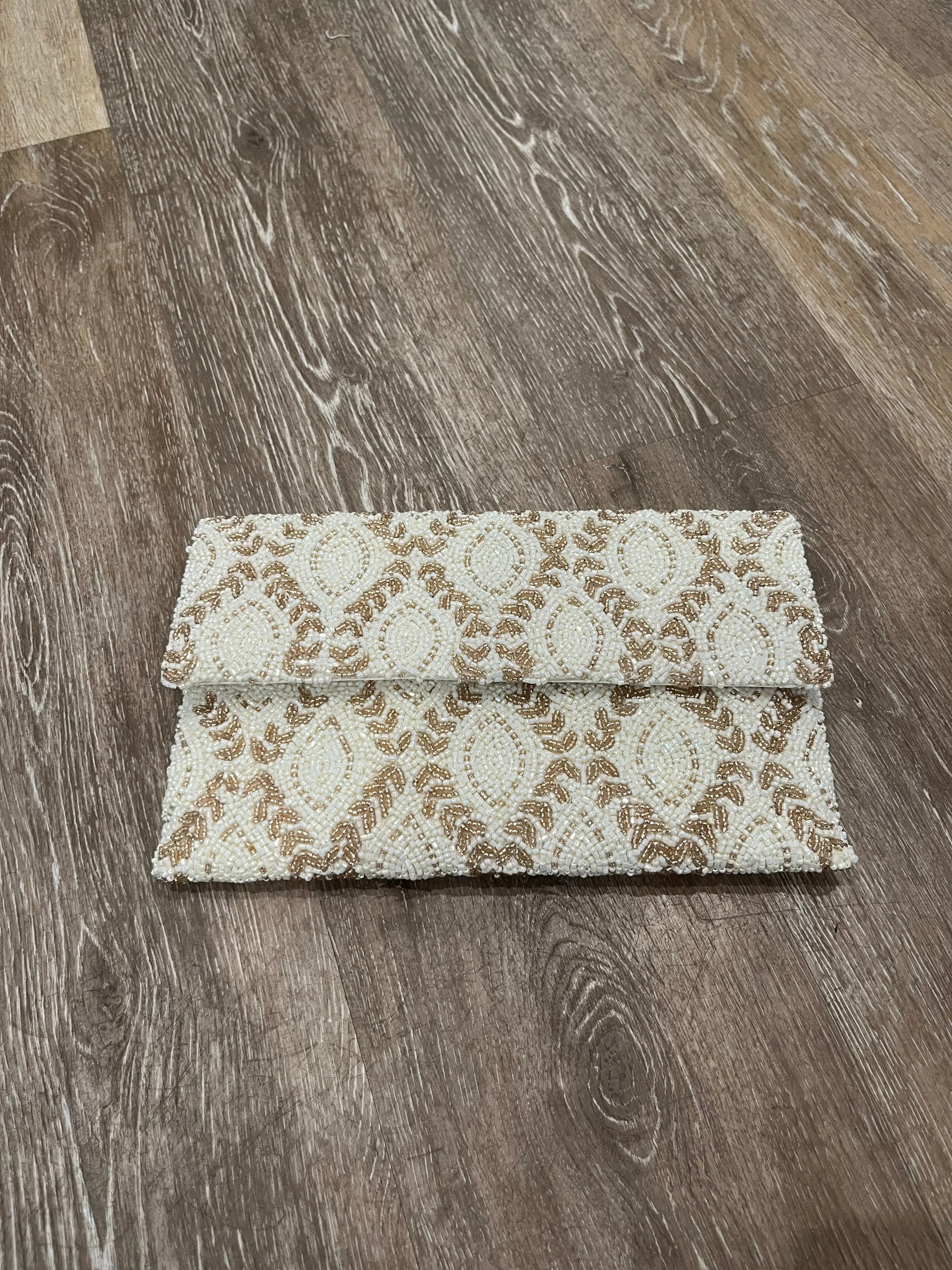 Tiana Beaded Half Flap Over Clutch in Ivory/New Taupe
