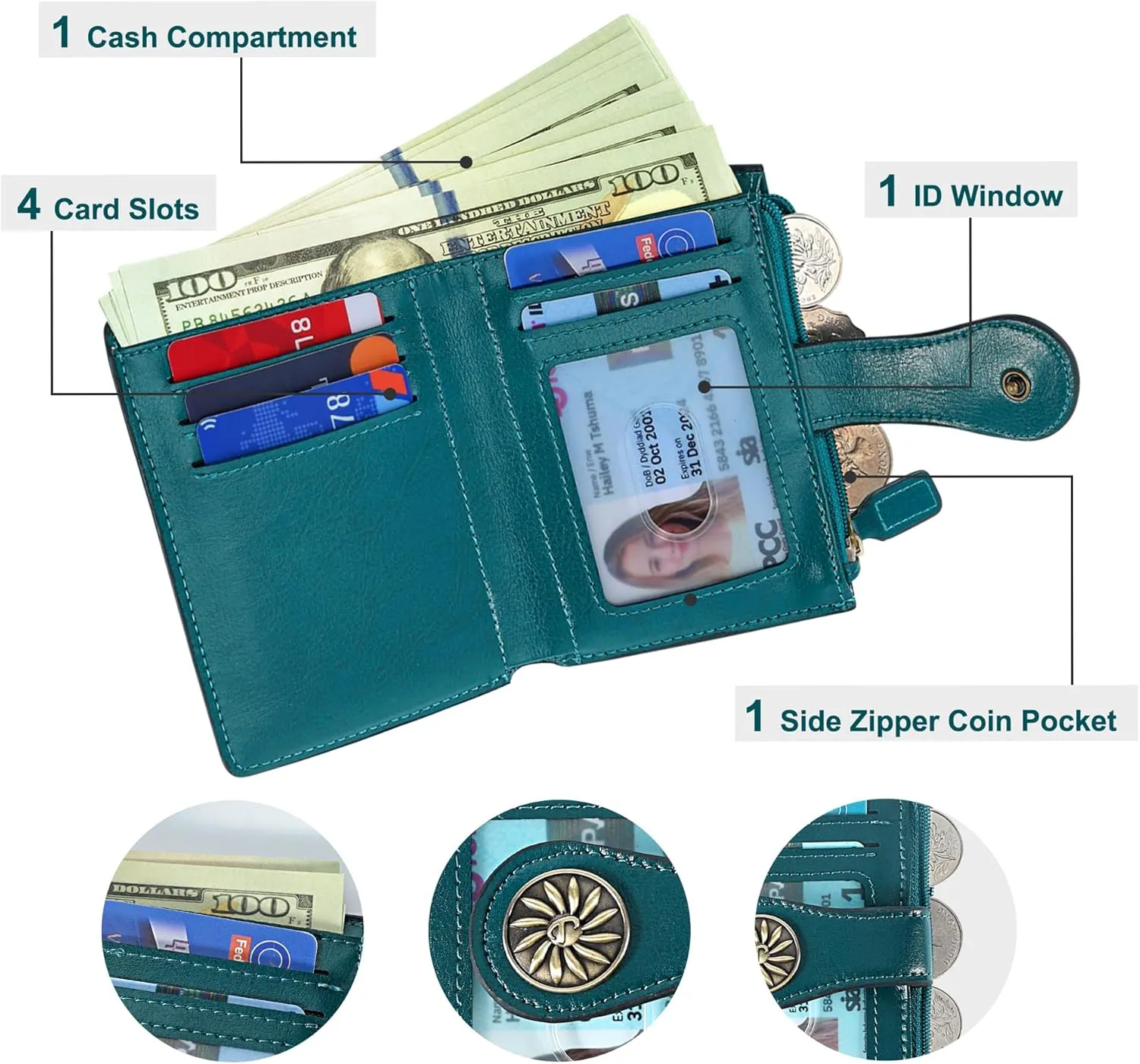 Tipmile Small Wallet for Women Bifold RFID Blocking Card Holder Leather Wallets with Zipper Coin Pocket, Peacock Blue, Minimalist