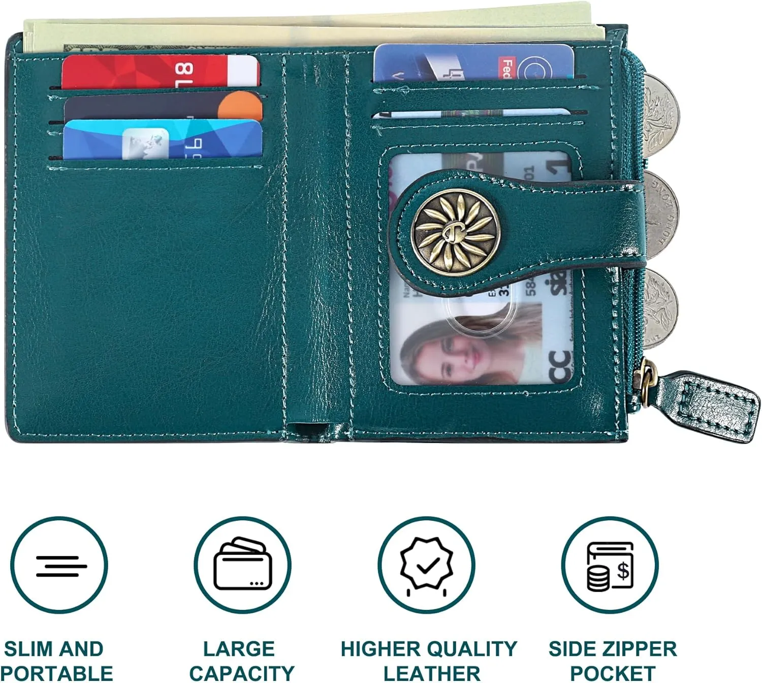 Tipmile Small Wallet for Women Bifold RFID Blocking Card Holder Leather Wallets with Zipper Coin Pocket, Peacock Blue, Minimalist