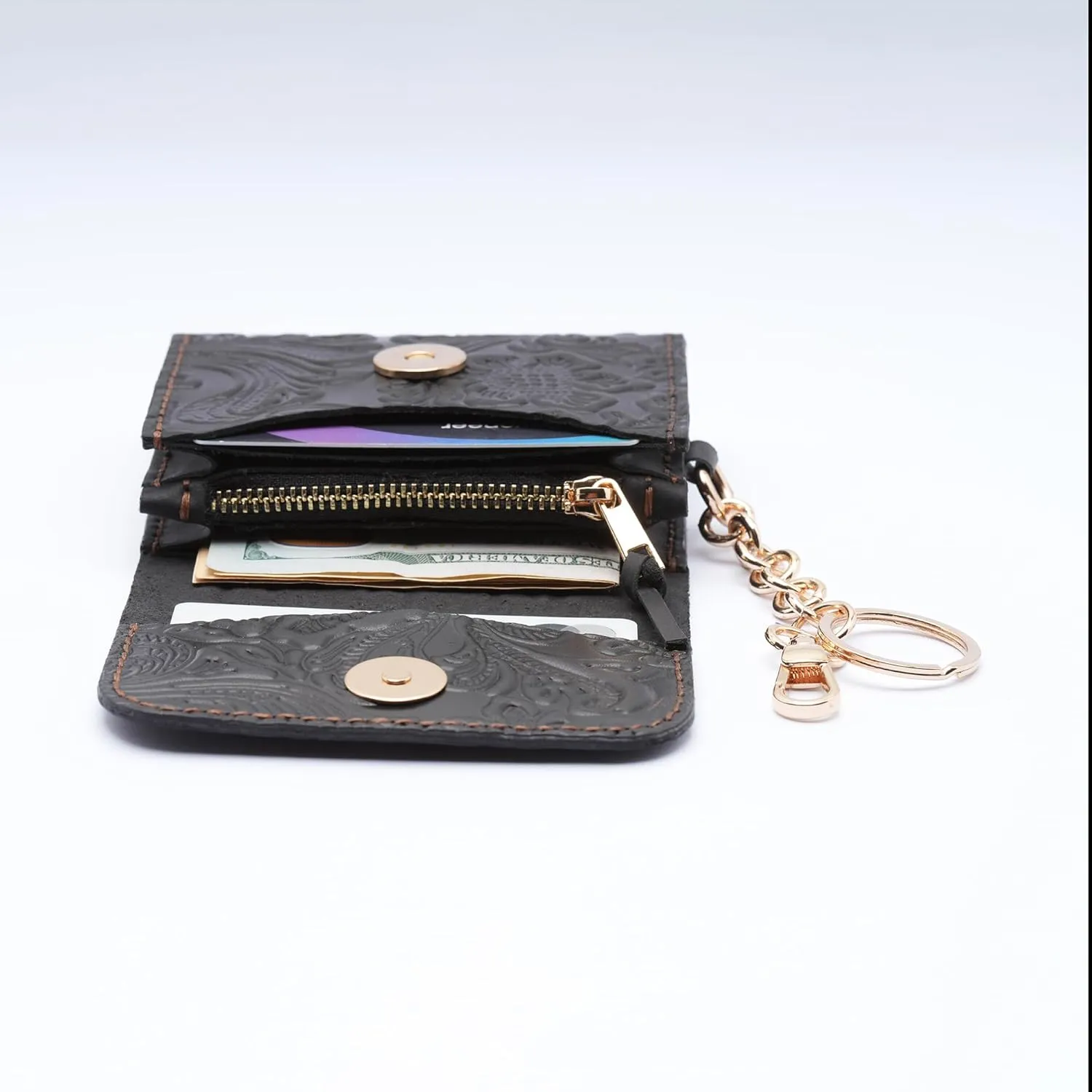 Toros Craft Handmade Keychain Wristlet Wallets for Women, Western Floral Leather Small Credit Card Holder with Zipper, Minimalist & Cute Coin Pouch, Genuine Leather, (Black), Black, 7.7, Keychain